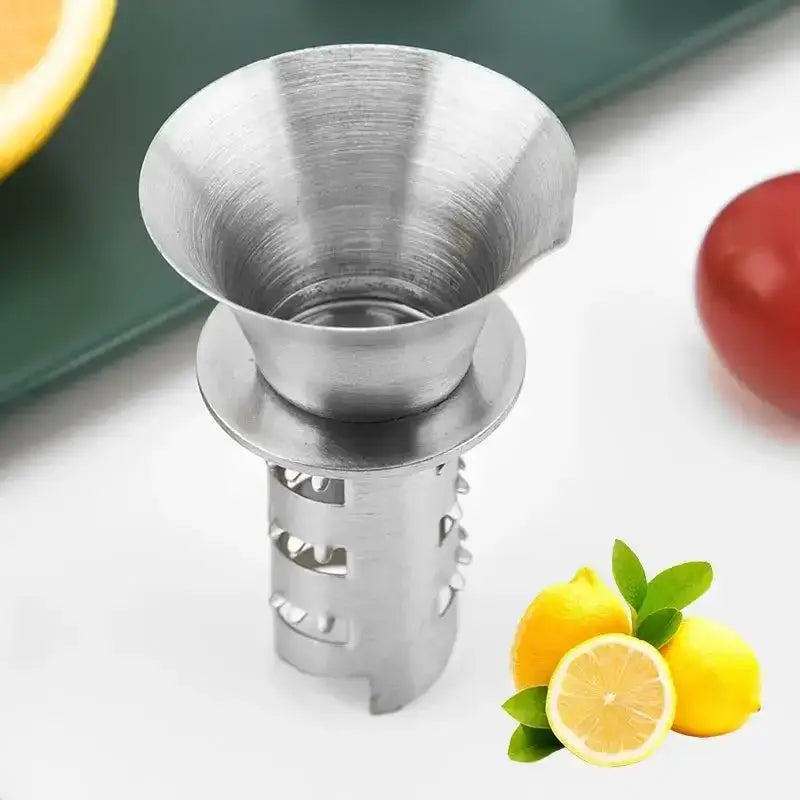 Stainless steel lemon squeezer juicer with conical top and perforated base for kitchen use by decorbites