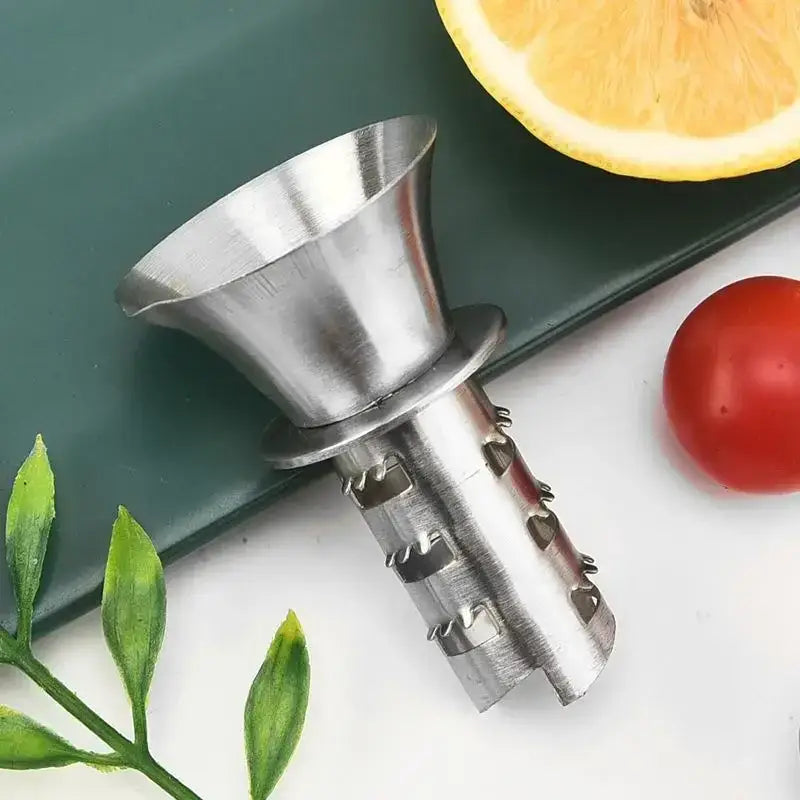 Stainless steel lemon squeezer juicer with conical top and perforated body for kitchen use by decorbites