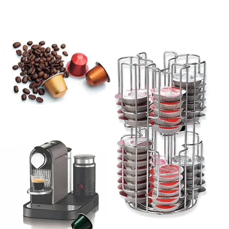 Silver metal stainless steel multi tiered coffee capsules organizer stand for kitchen storage of coffee capsules