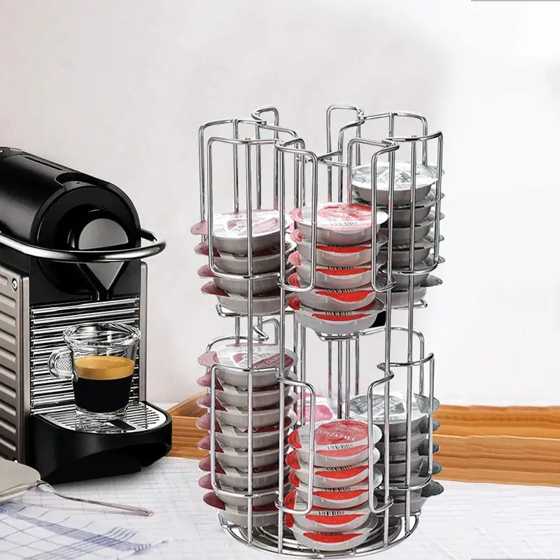 Stainless steel multi tiered coffee capsules organizer stand holding various branded coffee capsules for kitchen storage