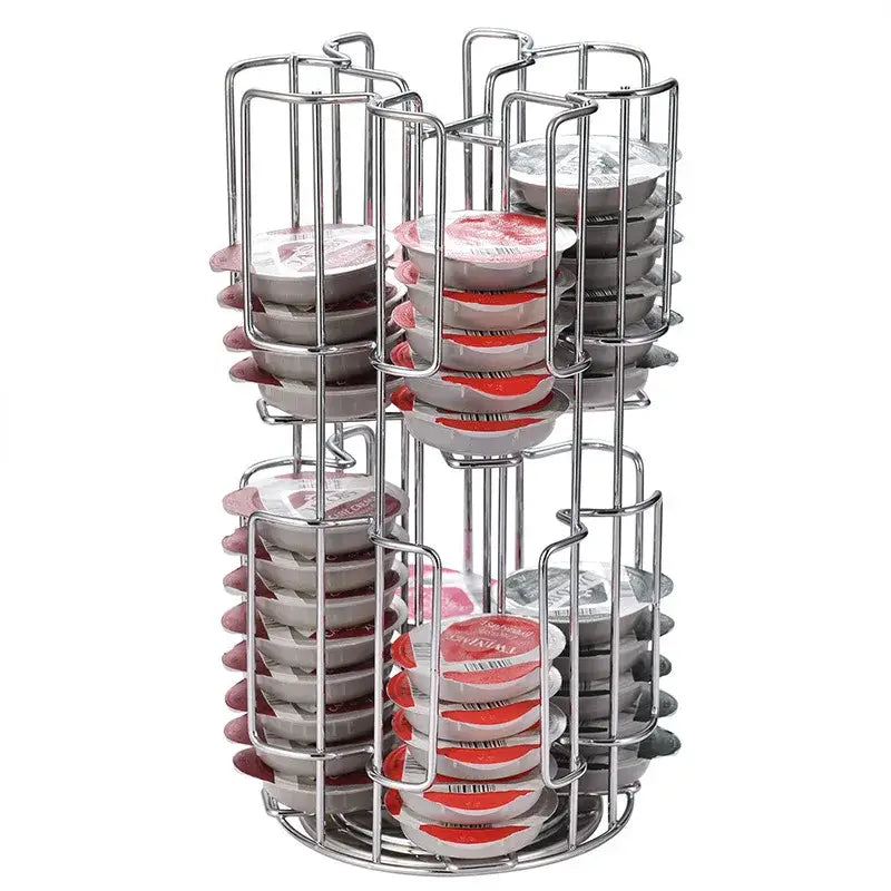 Stainless steel multi-tiered coffee capsules organizer stand holding stacks of single-serve coffee capsules for kitchen storage