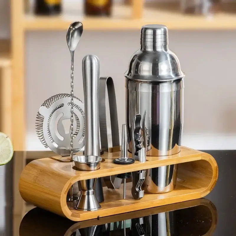 Stainless steel professional bartender kit barman set with bamboo stand featuring a decorbites bartender kit design
