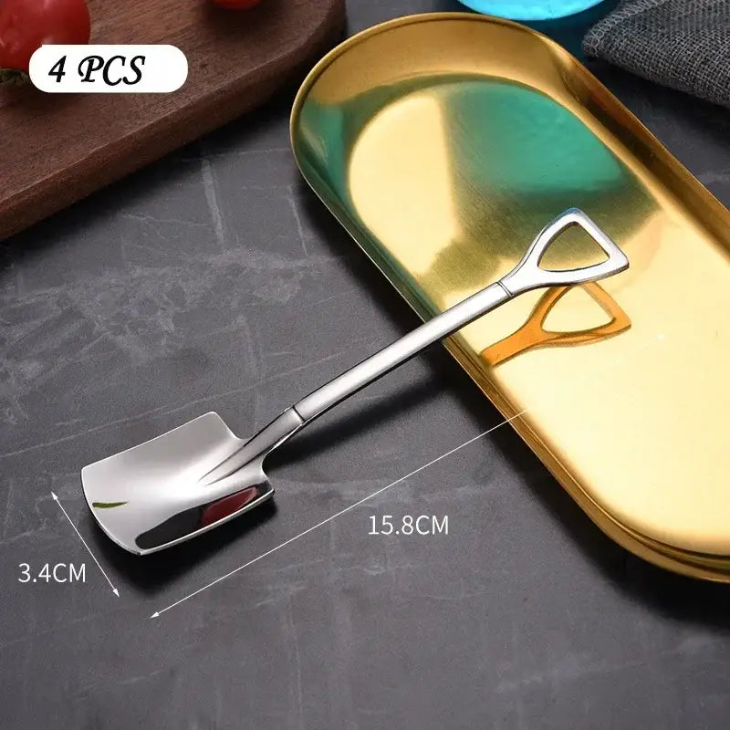 Shiny stainless steel shovel teaspoons set with sleek reflective finish and modern design for dining room use
