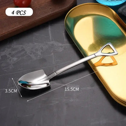 Shiny stainless steel shovel teaspoon with triangular handle 15.5cm in a 4-piece stainless steel teaspoons set for dining room
