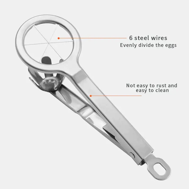 Shiny stainless steel wire egg cutter with six precision wires for evenly slicing eggs in the kitchen
