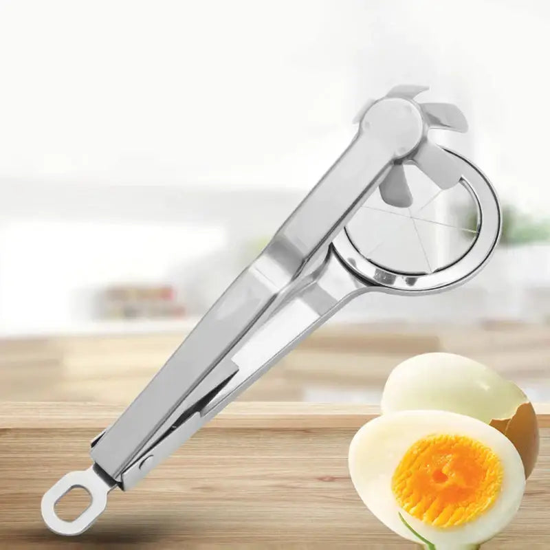 Shiny stainless steel wire egg cutter with circular cutting wheel and handle for precise kitchen slicing tool use