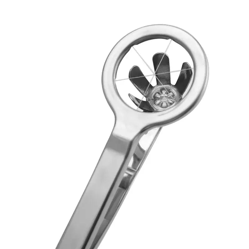 Silver stainless steel wire egg cutter with circular head and five sharp curved blades for kitchen slicing tool