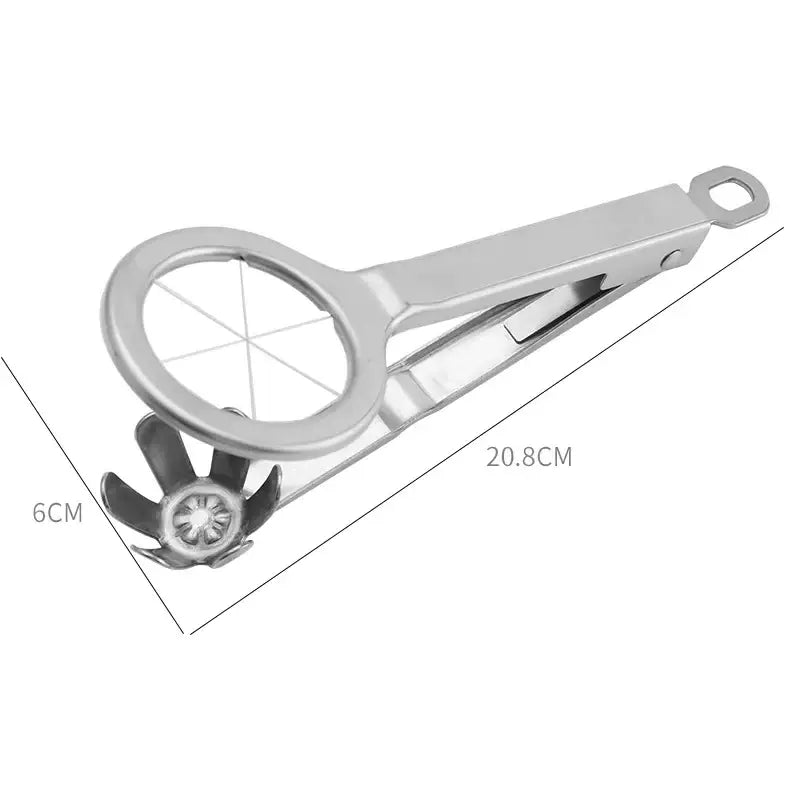 Silver stainless steel wire egg cutter with circular cutting head and clip style handle for kitchen slicing tool