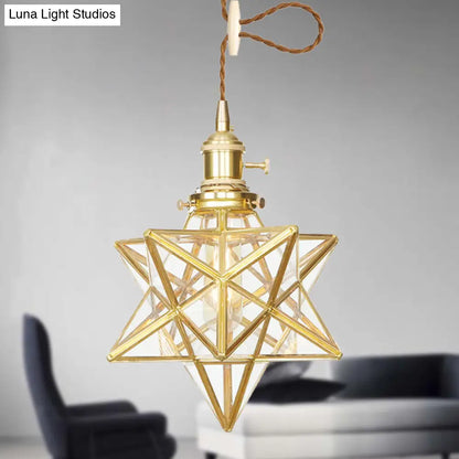 Star Shaped Pendant Light: Postmodern Clear/Frosted Glass with Brass Brass Hanging Kit & Adjustable Rope