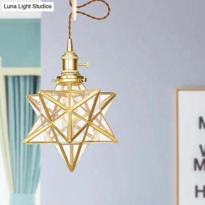 Star Shaped Pendant Light: Postmodern Clear/Frosted Glass with Brass Brass Hanging Kit & Adjustable Rope