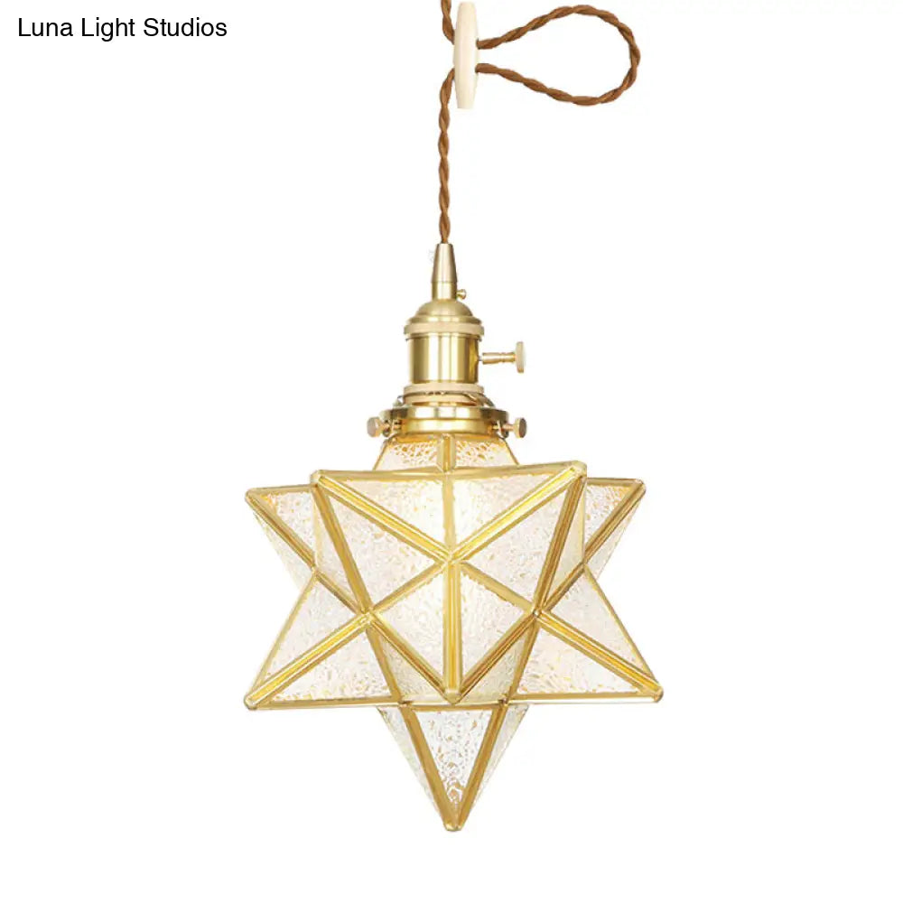 Star Shaped Pendant Light: Postmodern Clear/Frosted Glass with Brass Brass Hanging Kit & Adjustable Rope