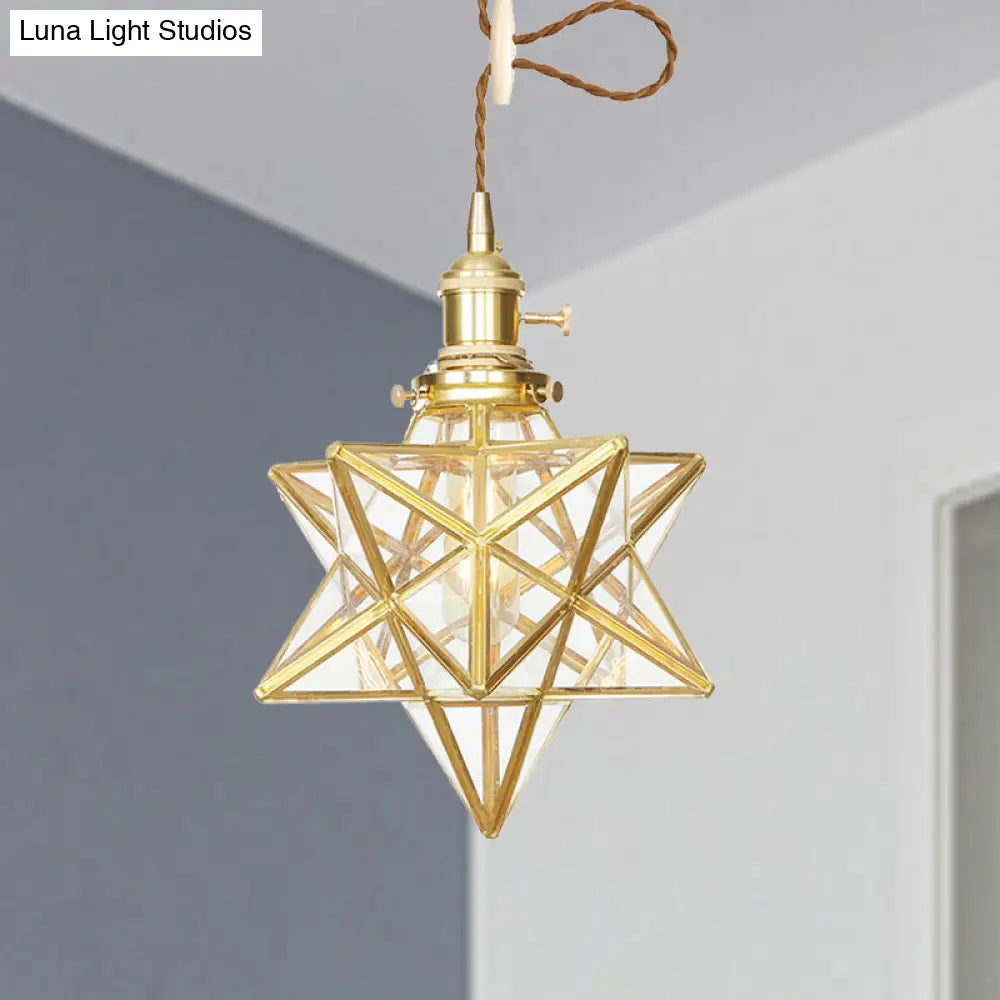 Star Shaped Pendant Light: Postmodern Clear/Frosted Glass with Brass Brass Hanging Kit & Adjustable Rope