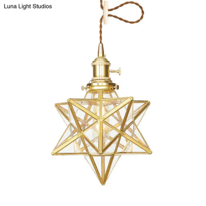 Star Shaped Pendant Light: Postmodern Clear/Frosted Glass with Brass Brass Hanging Kit & Adjustable Rope