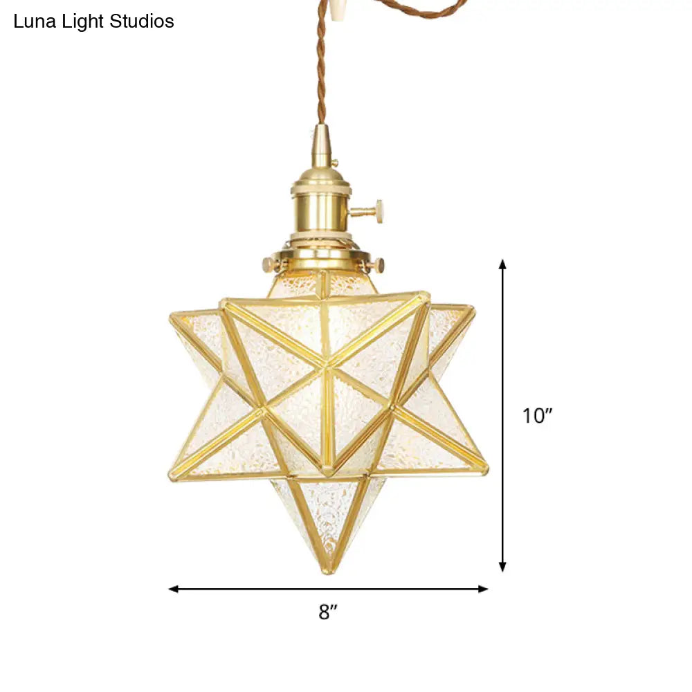 Star Shaped Pendant Light: Postmodern Clear/Frosted Glass with Brass Brass Hanging Kit & Adjustable Rope