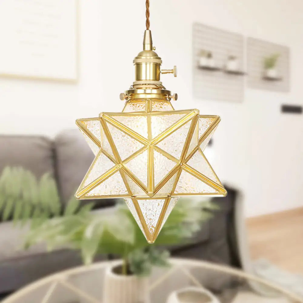 Star Shaped Pendant Light: Postmodern Clear/Frosted Glass with Brass Brass Hanging Kit & Adjustable Rope