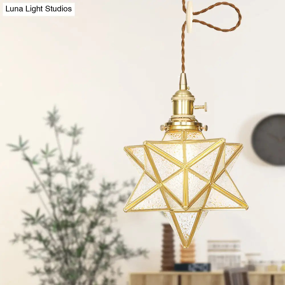 Star Shaped Pendant Light: Postmodern Clear/Frosted Glass with Brass Brass Hanging Kit & Adjustable Rope