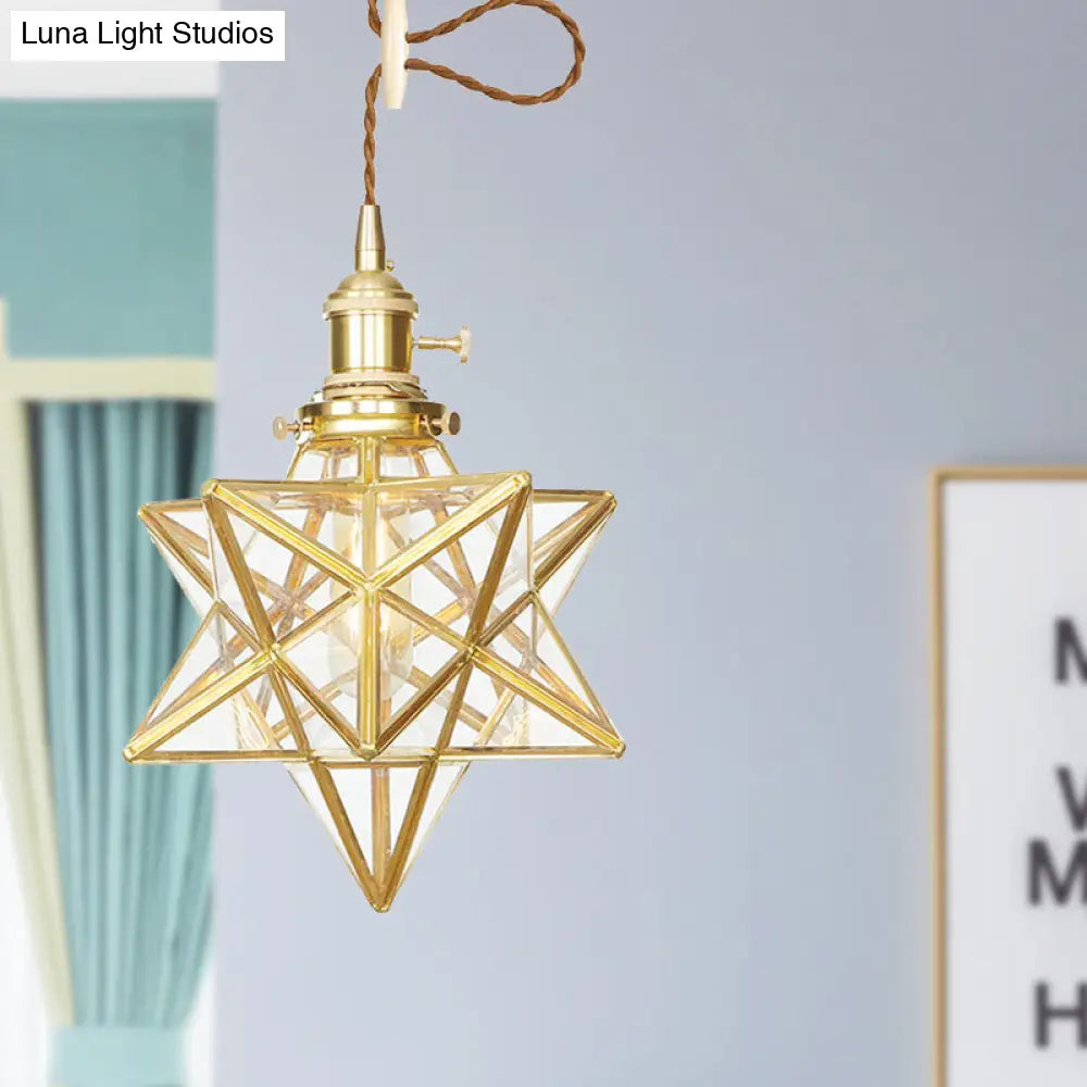 Star Shaped Pendant Light: Postmodern Clear/Frosted Glass with Brass Brass Hanging Kit & Adjustable Rope