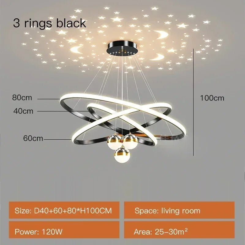 Starry Sky LED Chandelier for Living Room - Black 40-60-80cm / Brightness Dimmable - Chandelier