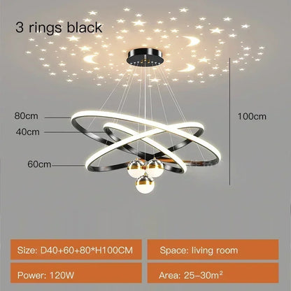 Starry Sky LED Chandelier for Living Room - Black 40-60-80cm / Brightness Dimmable - Chandelier