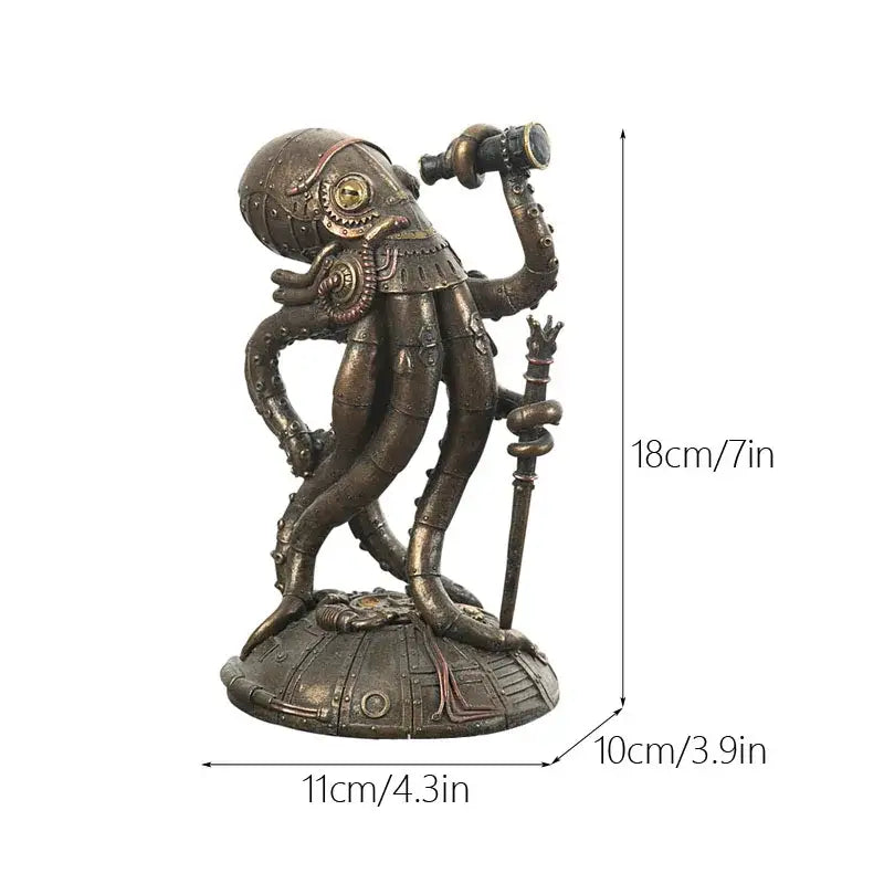 Steampunk bronze whale figurine with blackfish resin and brass accents featuring octopus holding telescope decorbites blackfish resin