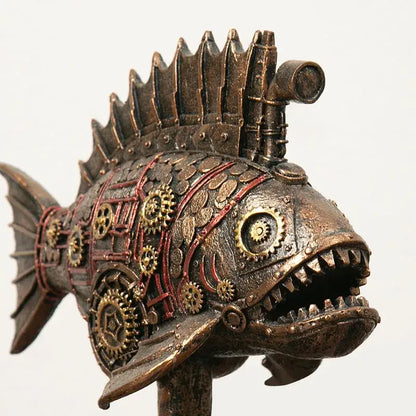 Steampunk bronze whale figurine with brass gears red piping and metallic plates blackfish resin decorbites office decor