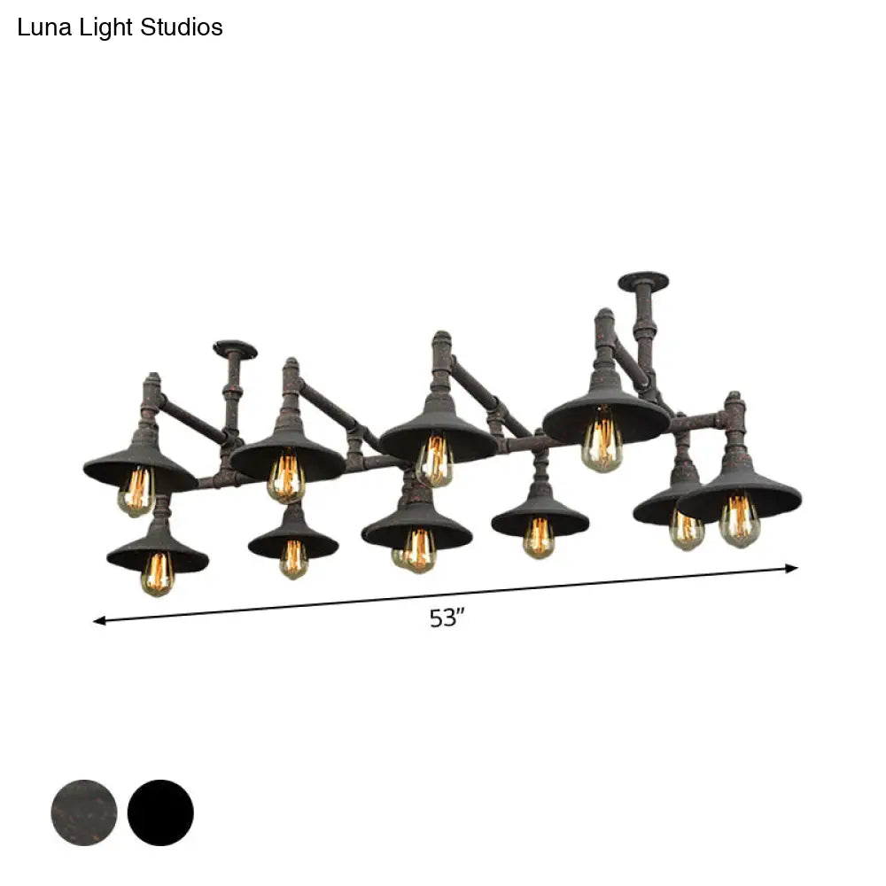 Steampunk Iron Chandelier with Saucer Shades in Black/Rust - 5/8/11 Bulbs for Living Room Piping Design