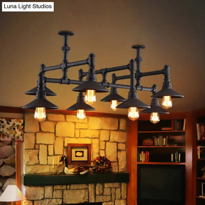 Steampunk Iron Chandelier with Saucer Shades in Black/Rust - 5/8/11 Bulbs for Living Room Piping Design