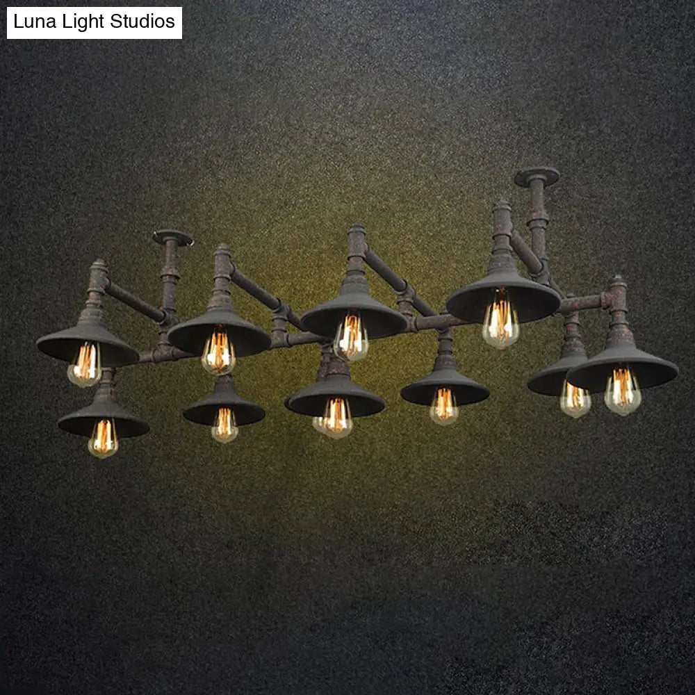 Steampunk Iron Chandelier with Saucer Shades in Black/Rust - 5/8/11 Bulbs for Living Room Piping Design