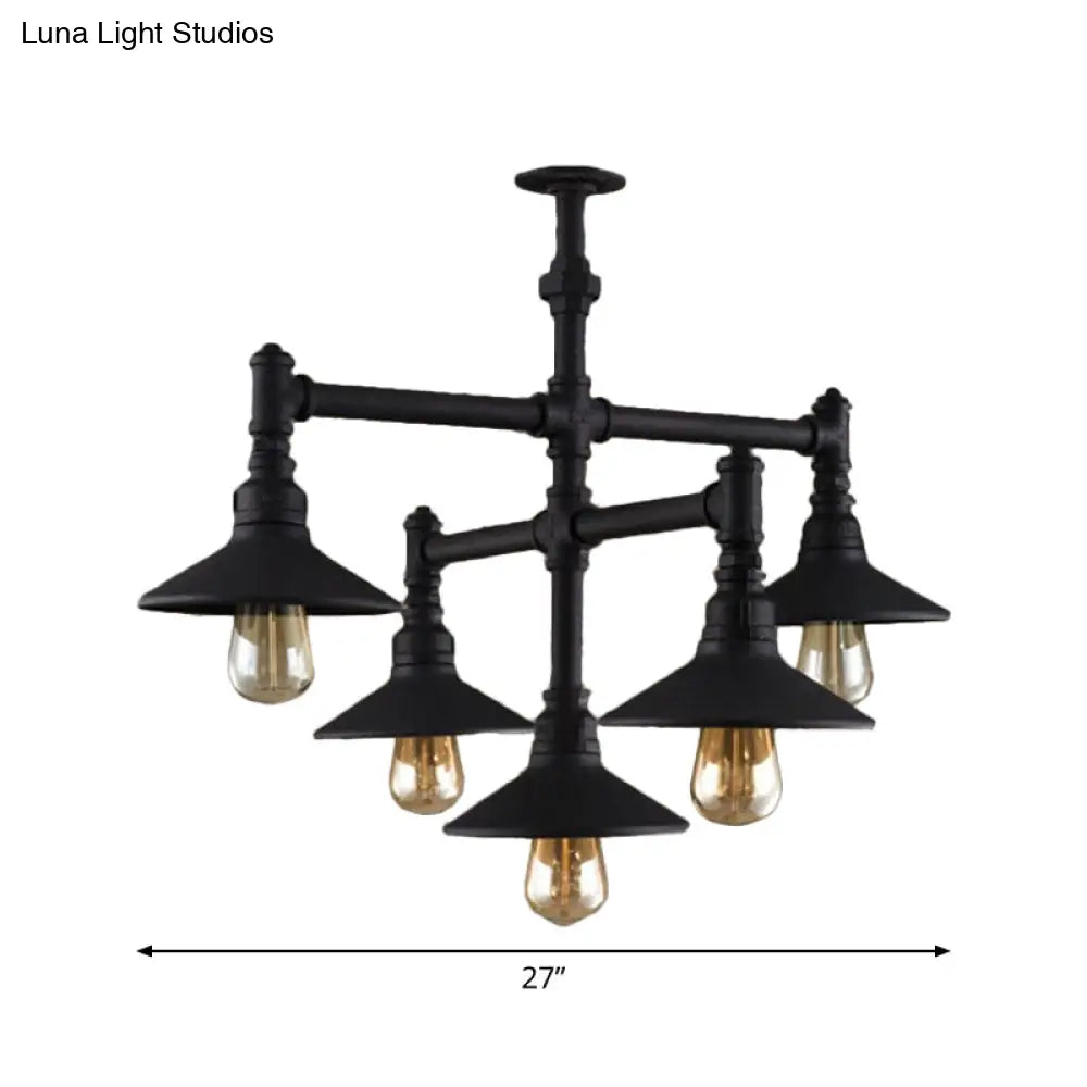 Steampunk Iron Chandelier with Saucer Shades in Black/Rust - 5/8/11 Bulbs for Living Room Piping Design