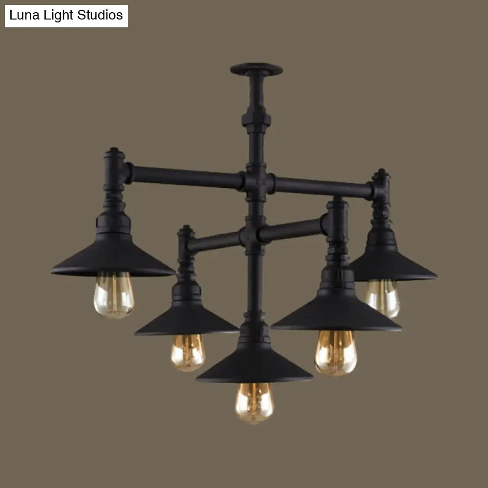 Steampunk Iron Chandelier with Saucer Shades in Black/Rust - 5/8/11 Bulbs for Living Room Piping Design