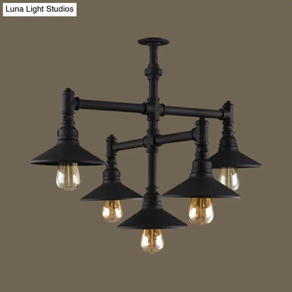 Steampunk Iron Chandelier with Saucer Shades in Black/Rust - 5/8/11 Bulbs for Living Room Piping Design