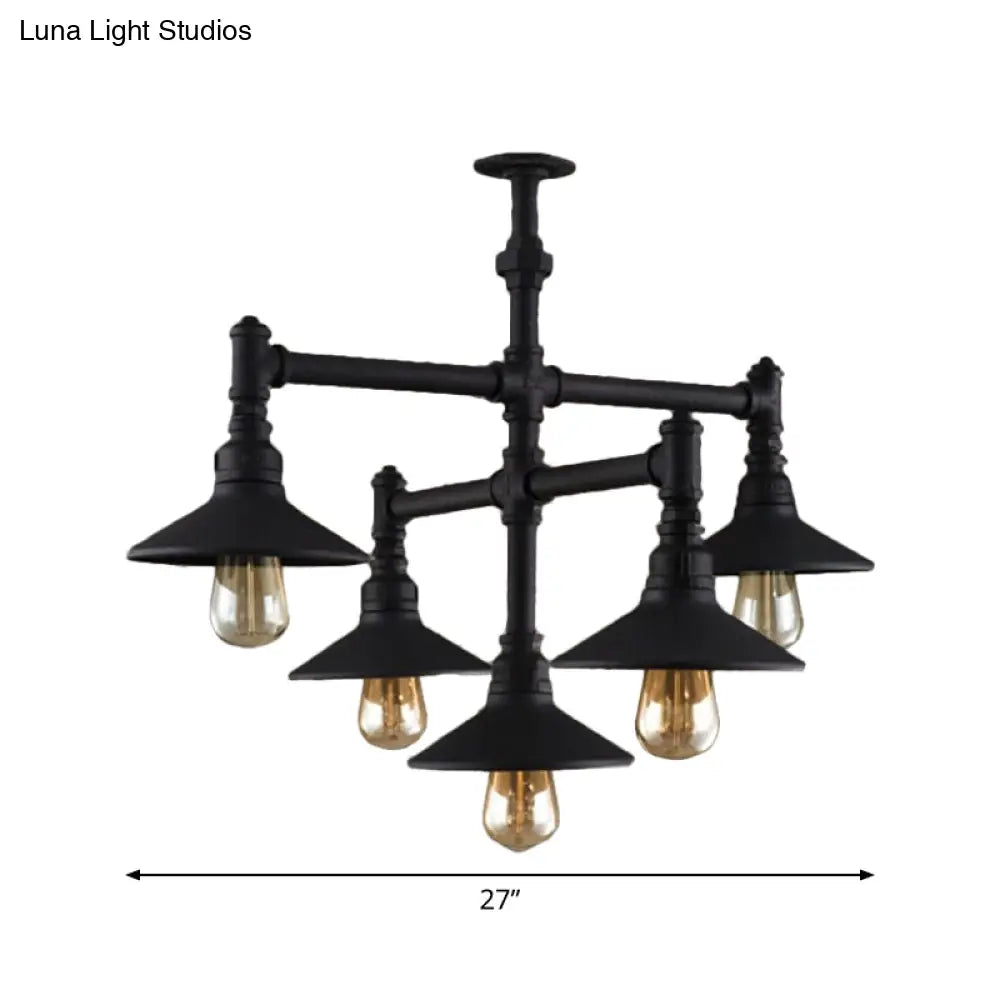 Steampunk Iron Chandelier with Saucer Shades in Black/Rust - 5/8/11 Bulbs for Living Room Piping Design