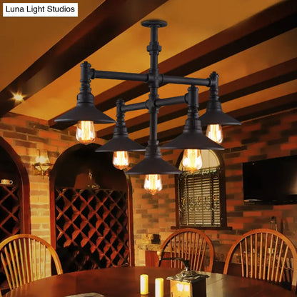 Steampunk Iron Chandelier with Saucer Shades in Black/Rust - 5/8/11 Bulbs for Living Room Piping Design