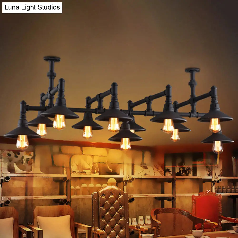 Steampunk Iron Chandelier with Saucer Shades in Black/Rust - 5/8/11 Bulbs for Living Room Piping Design