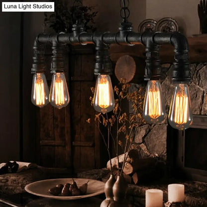 DecorBites™ مصباح معلق على شكل أنبوب مياه معدني بتصميم Steampunk - 5 لمبات - أسود، مثالي لغرفة الطعام أو الجزيرة المعلقة