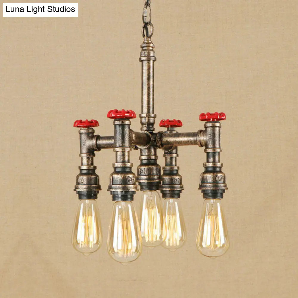 Steampunk Pipe & Valve Chandelier - Antique Silver/Bronze 5-Light Ceiling Fixture