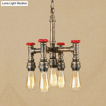 Steampunk Pipe & Valve Chandelier - Antique Silver/Bronze 5-Light Ceiling Fixture