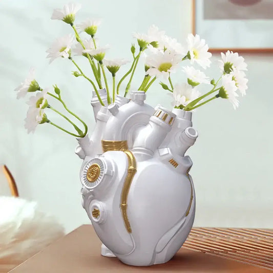 Steampunk white and gold heart cardiac vase with intricate mechanical details for decorbites heart cardiac decor