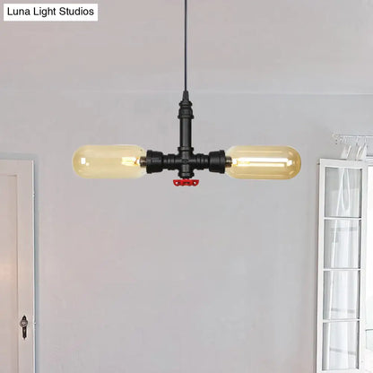 Stella - Amber Glass Black Suspension Light Pill Capsule 2-Light Industrial LED