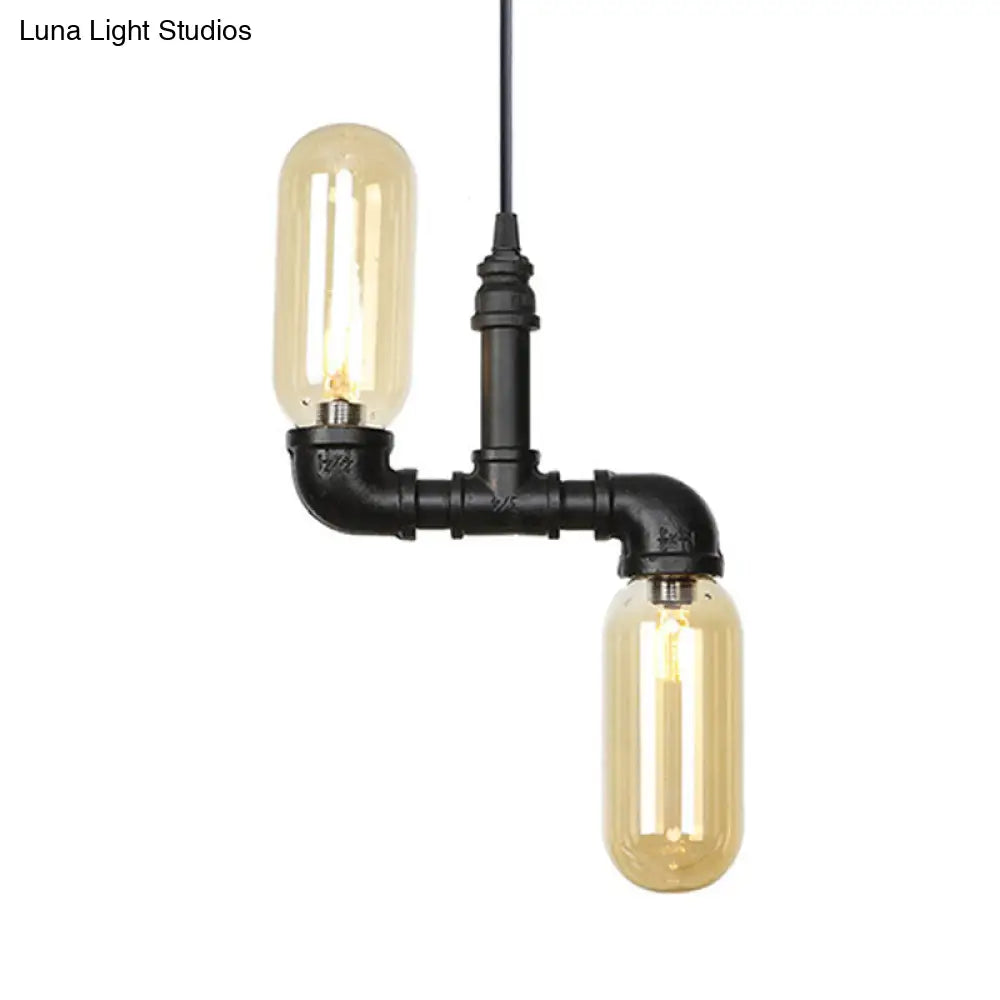 Stella - Amber Glass Black Suspension Light Pill Capsule 2-Light Industrial LED