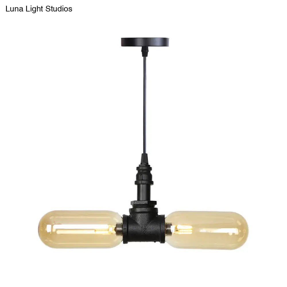 Stella - Amber Glass Black Suspension Light Pill Capsule 2-Light Industrial LED