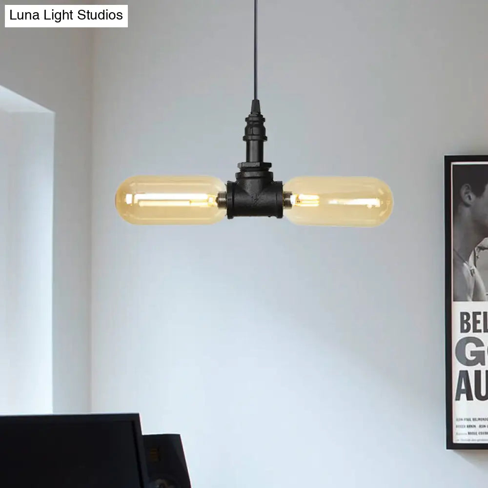 Stella - Amber Glass Black Suspension Light Pill Capsule 2-Light Industrial LED