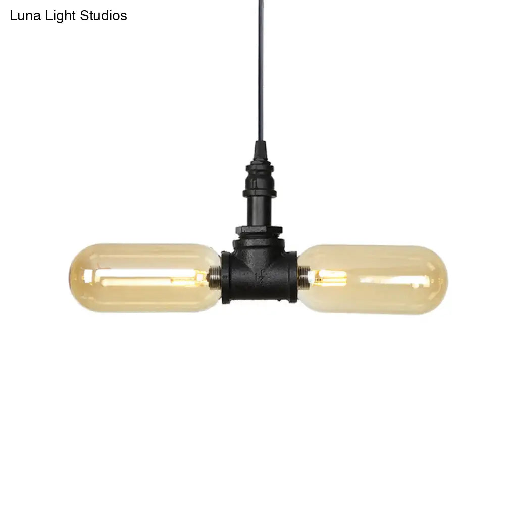 Stella - Amber Glass Black Suspension Light Pill Capsule 2-Light Industrial LED