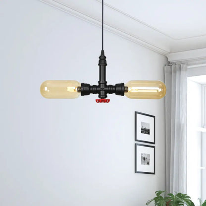 Stella - Amber Glass Black Suspension Light Pill Capsule 2-Light Industrial LED