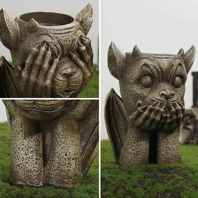 Stone gargoyle resin vase sculpture with grayish-brown textured surface and hands covering its eyes for garden decorbites planter