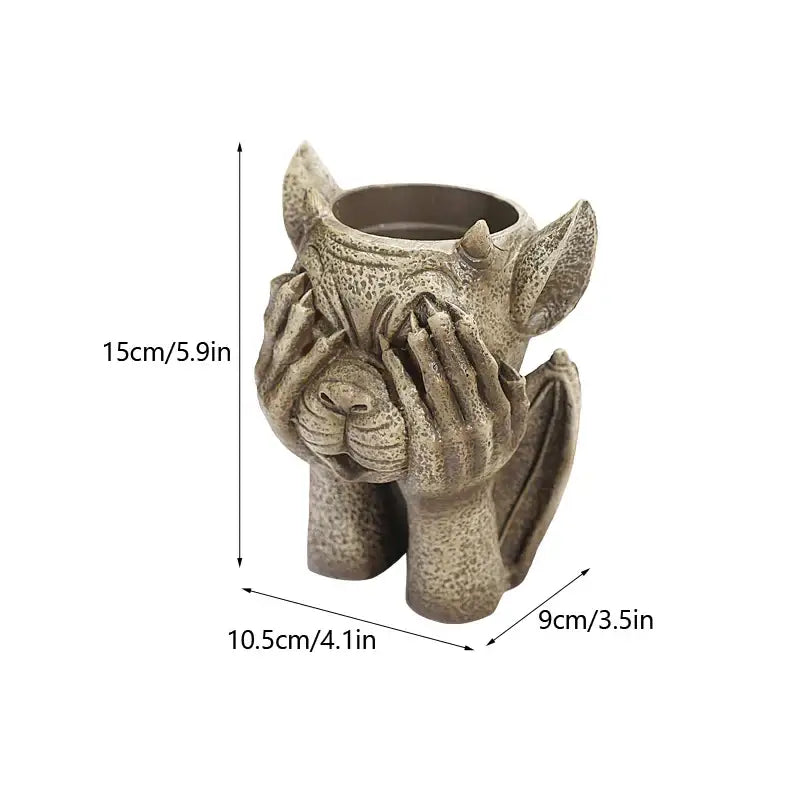 Stone gargoyle resin vase sculpture garden succulent planter with stone-like texture hands covering eyes and small wings