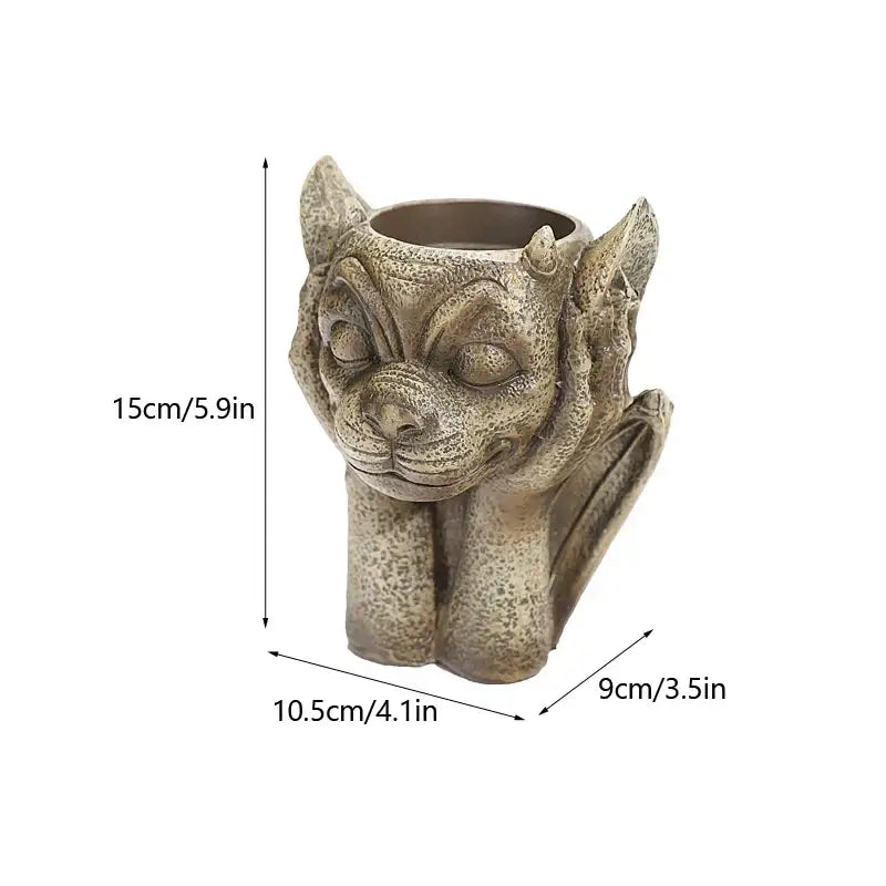 Stone gargoyle resin vase sculpture with textured weathered gray surface and pointed ears for garden succulent decorbites gargoyle resin planter