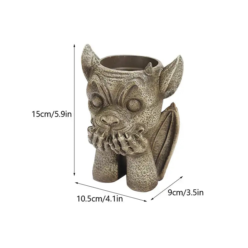 Stone gargoyle resin vase sculpture garden succulent planter set with pointed ears wings and hand-over-mouth expression
