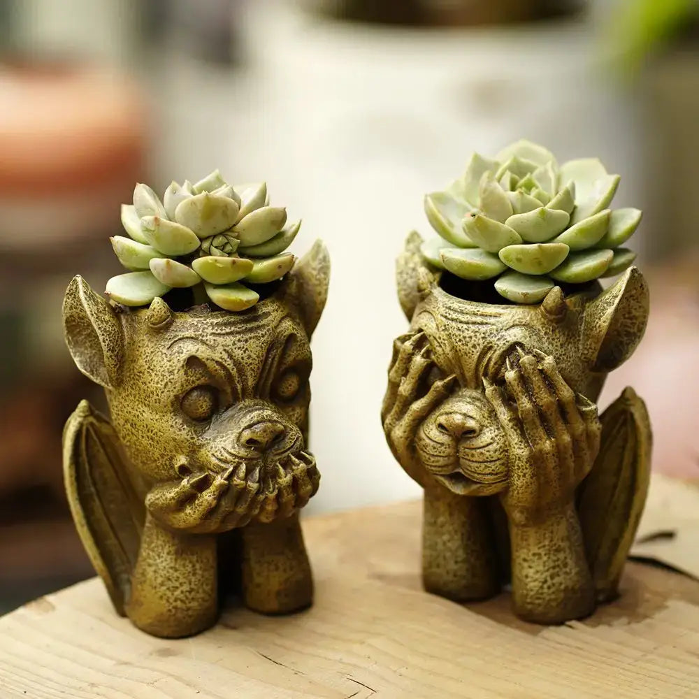 Two rustic bronze-toned gargoyle resin vase sculptures with succulents for garden decorbites gargoyle resin planter set