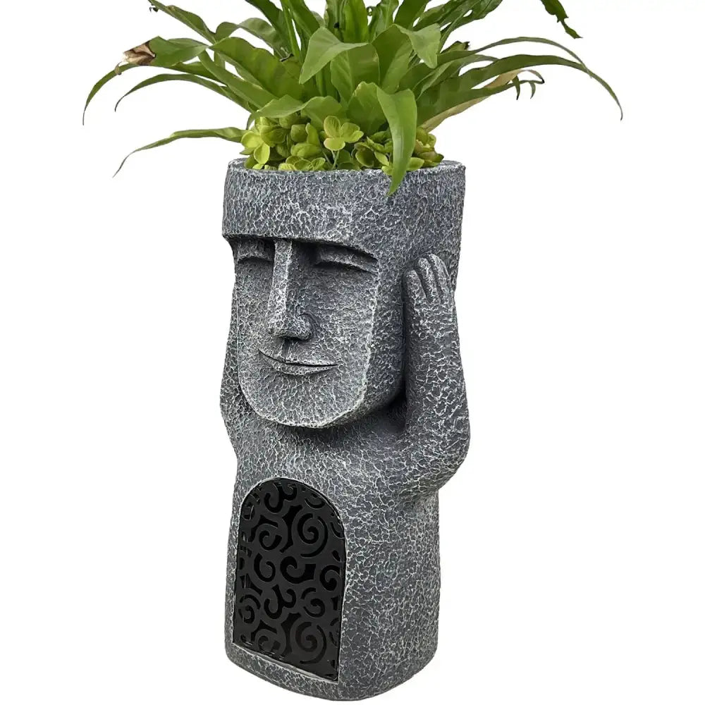 Stone gray easter island statue sculpture moai planter with carved face hand on ear and arched doorway base